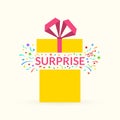 Gift box icon with confetti. Surprise package with ribbon and bow. Present box for Christmas or Birthday celebration. Royalty Free Stock Photo